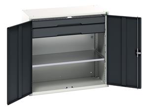 Verso kitted cupboard with 1 shelf, 2 drawers. WxDxH: 1050x550x1000mm. RAL 7035/5010 or selected Bott Verso Basic Tool Cupboards Cupboard with shelves